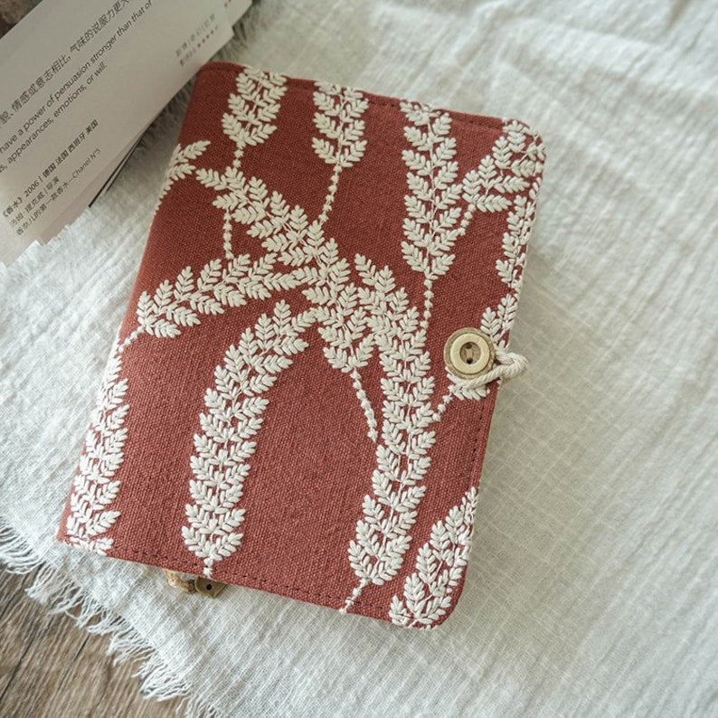Carnet de notes brodé A5 A6, rouge rouille, couverture en tissu orge, journal à couverture souple, feuilles mobiles ou reliure fil