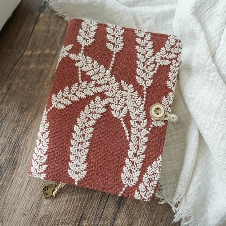 Carnet de notes brodé A5 A6, rouge rouille, couverture en tissu orge, journal à couverture souple, feuilles mobiles ou reliure fil