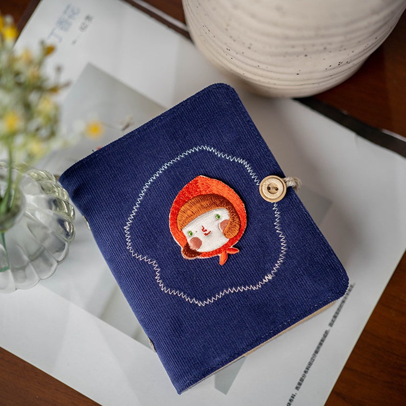 Cahier brodé à feuilles mobiles en velours A7 bleu – Journal ligné, grille, vierge, Cornell – Pages rechargeables – Voyage, fait à la main