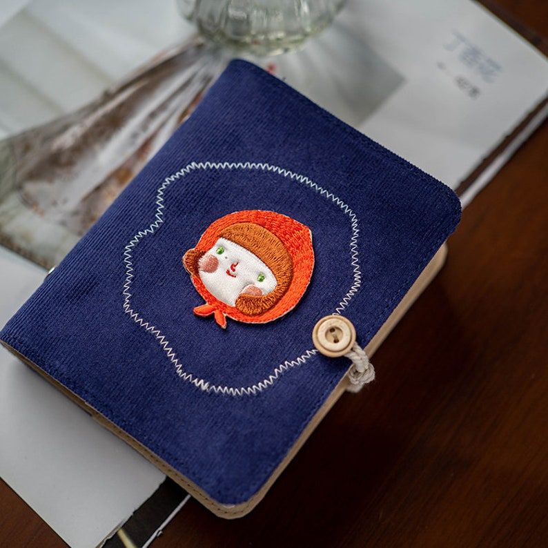 Cahier brodé à feuilles mobiles en velours A7 bleu – Journal ligné, grille, vierge, Cornell – Pages rechargeables – Voyage, fait à la main