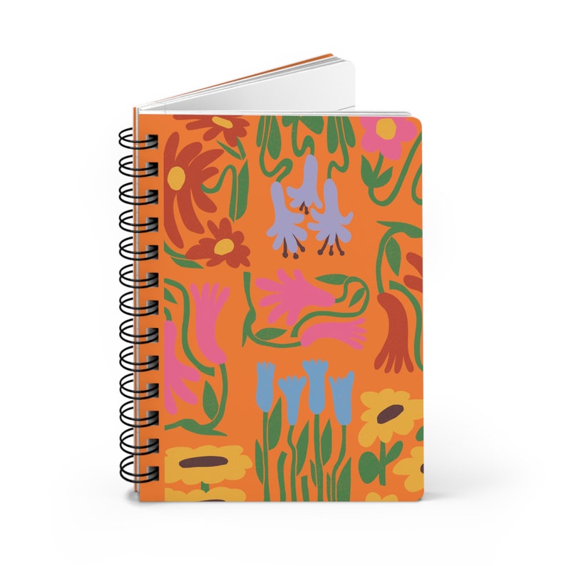 Journal à spirale orange fleur coloré 5x7, 150 pages lignées, couverture laminée brillante