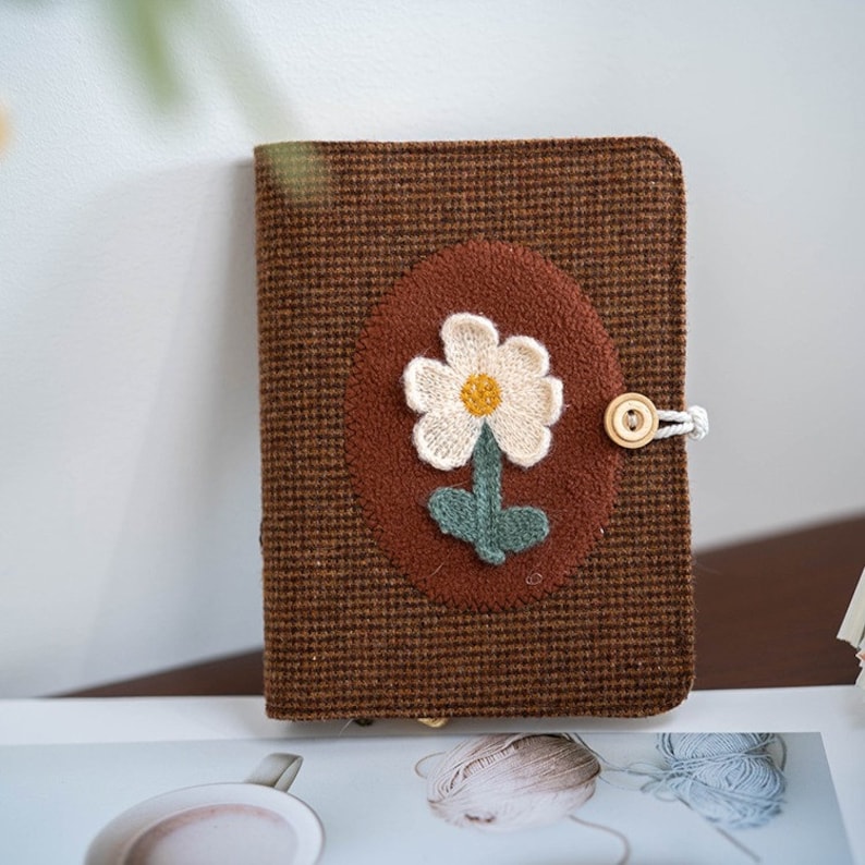 Carnet de notes en tissu patchwork laine A6 A5 velours côtelé fleurs feuilles mobiles relié fil doublure pointillés