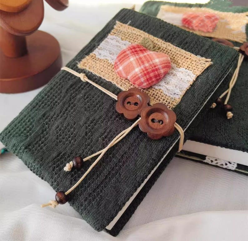 Carnet patchwork en tissu tricoté vert foncé, couverture en laine Vantage A5/A6, pochette rechargeable
