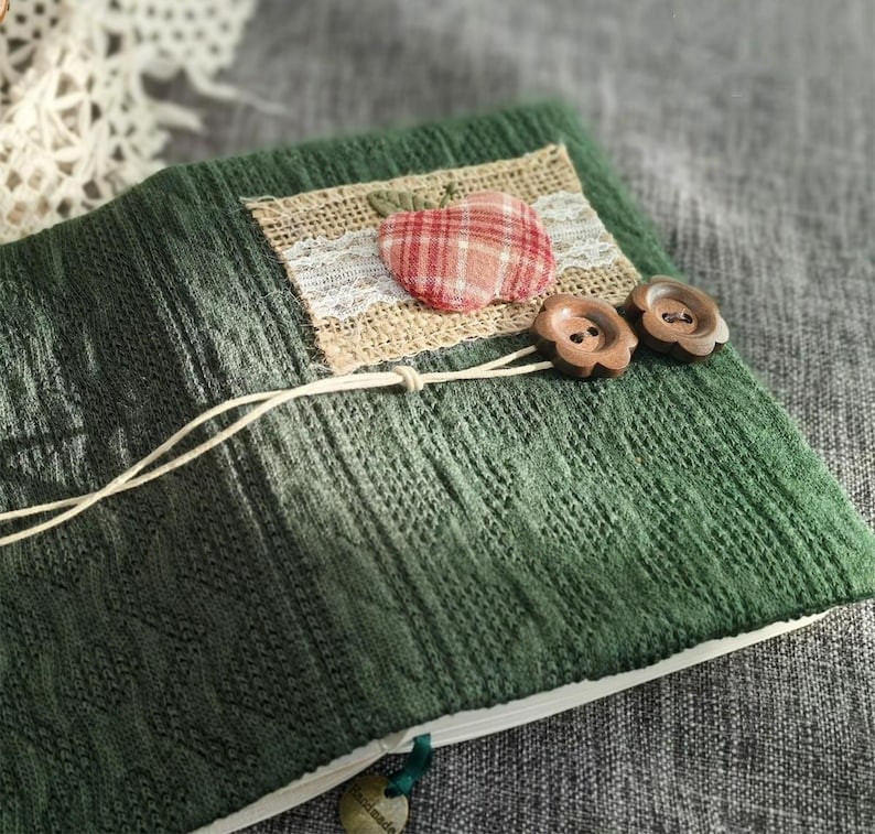 Carnet patchwork en tissu tricoté vert foncé, couverture en laine Vantage A5/A6, pochette rechargeable