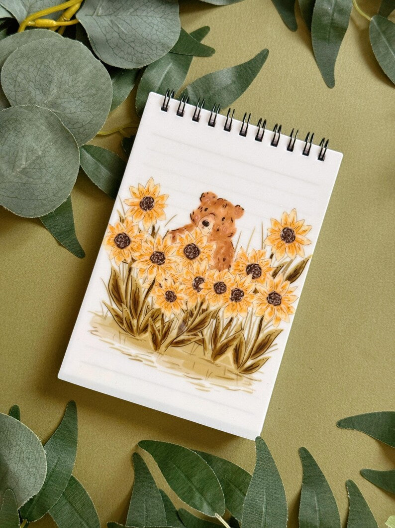 Carnet de notes ours tournesol A6 à spirales - cahier ligné 60 pages - journal de voyage - papeterie kawaii