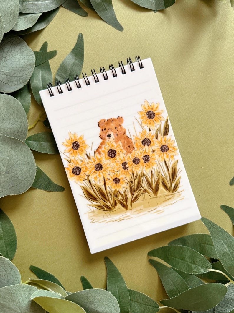 Carnet de notes ours tournesol A6 à spirales - cahier ligné 60 pages - journal de voyage - papeterie kawaii