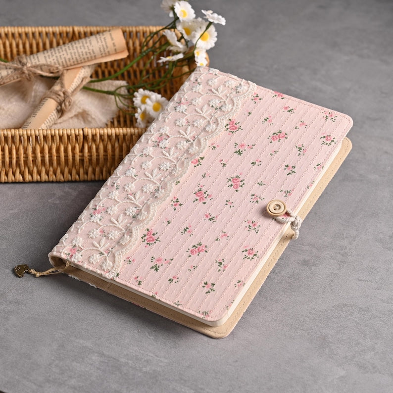 Pink Flower Lace Fabric Journal Notebook A5 A6 Lined Blank Grid Dotted Pages Handmade Travel Diary