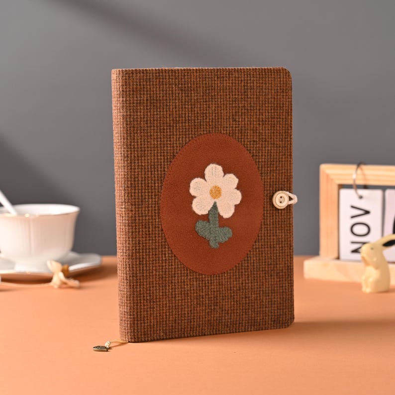Carnet de notes en tissu patchwork laine A6 A5 velours côtelé fleurs feuilles mobiles relié fil doublure pointillés