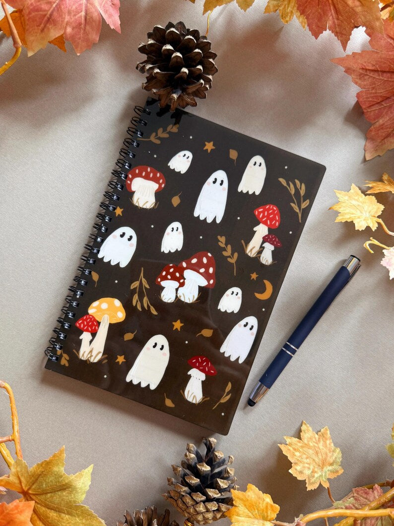 Cahier fantôme champignon A5 ligné - carnet à spirales avec couverture acrylique, 60 pages, papeterie kawaii