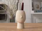 Beige Ceramic Look Face Pen Holder | Minimalist Desk Organizer | Sculptural Pencil Cup