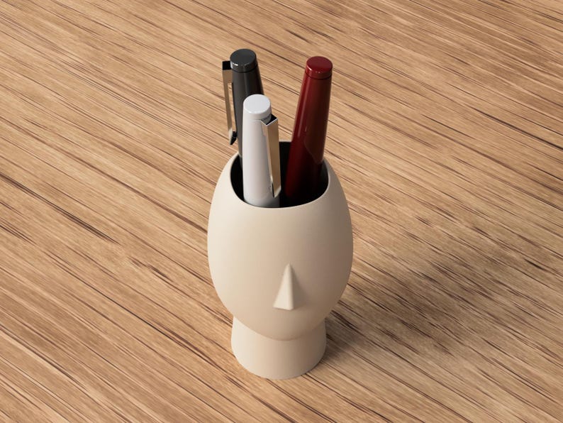 Beige Ceramic Look Face Pen Holder | Minimalist Desk Organizer | Sculptural Pencil Cup