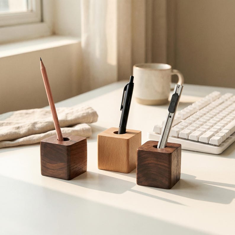 Porte-stylo en bois - Organiseur de bureau minimaliste pour fournitures de bureau, rangement de papeterie