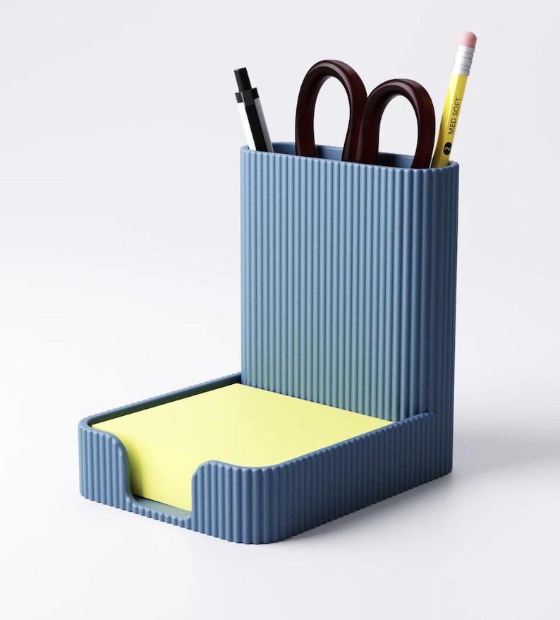 Porte-stylo et porte-notes Post-it, organiseur de bureau moderne, design minimaliste côtelé, bleu