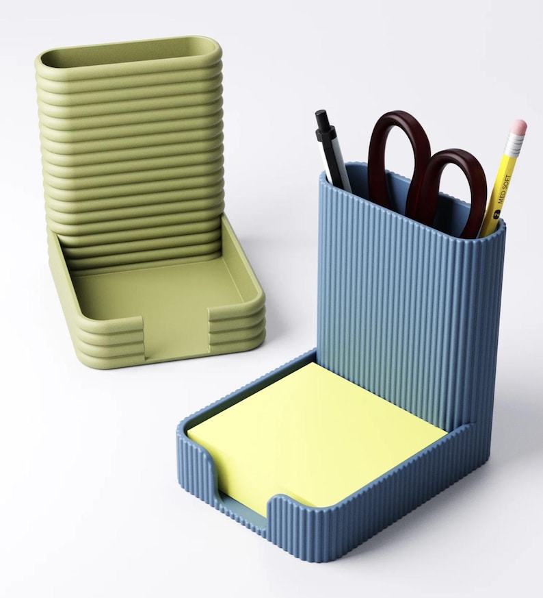 Porte-stylo et porte-notes Post-it, organiseur de bureau moderne, design minimaliste côtelé, bleu