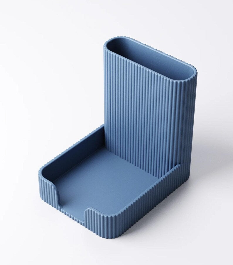 Porte-stylo et porte-notes Post-it, organiseur de bureau moderne, design minimaliste côtelé, bleu