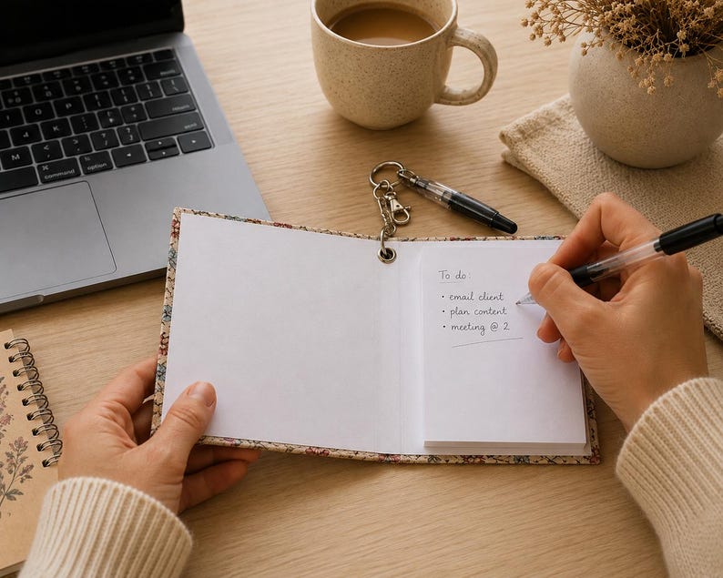 Bloc-notes porte-clés floral aquarelle 3,5 po fait main avec stylo