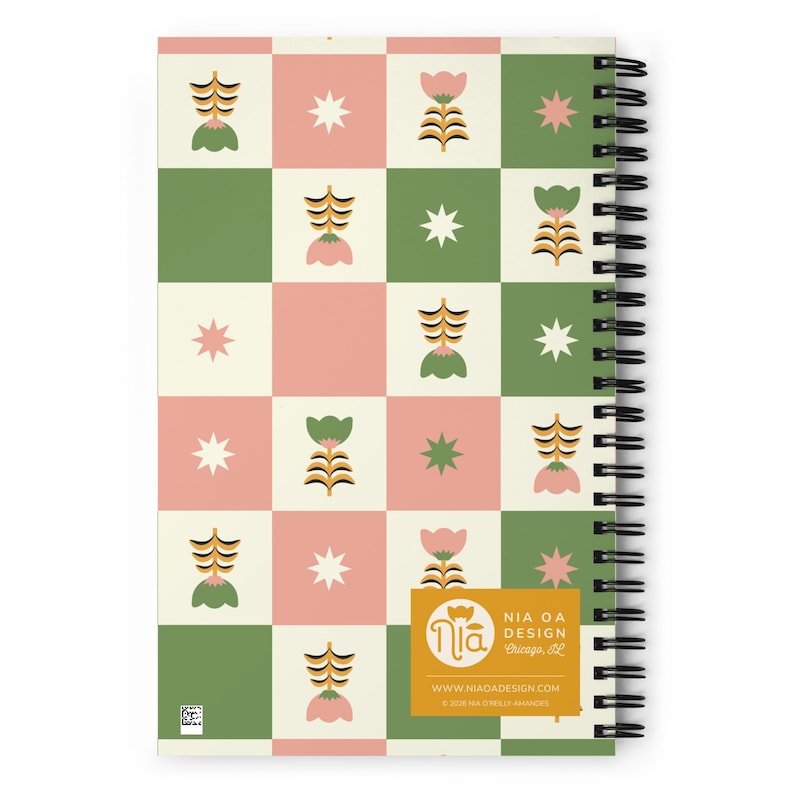 Carnet de notes rétro - Tulipe scandinave en damier vert mousse et rose mastic