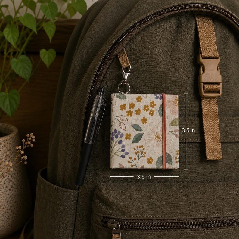 Bloc-notes porte-clés fait main 3,5 pouces avec fleurs sauvages et baies, stylo inclus, clip floral