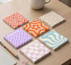 Lot de 6 Post-it Groovy Rétro 3x3 - Blocs-notes Esthétiques Pastel en Damier Ondulé - Fournitures de Bureau