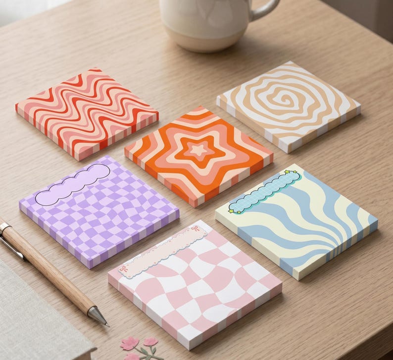 Lot de 6 Post-it Groovy Rétro 3x3 - Blocs-notes Esthétiques Pastel en Damier Ondulé - Fournitures de Bureau