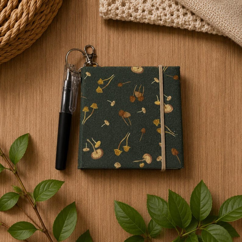 Carnet de notes porte-clés champignon vert foncé 3,5 x 3,5 pouces