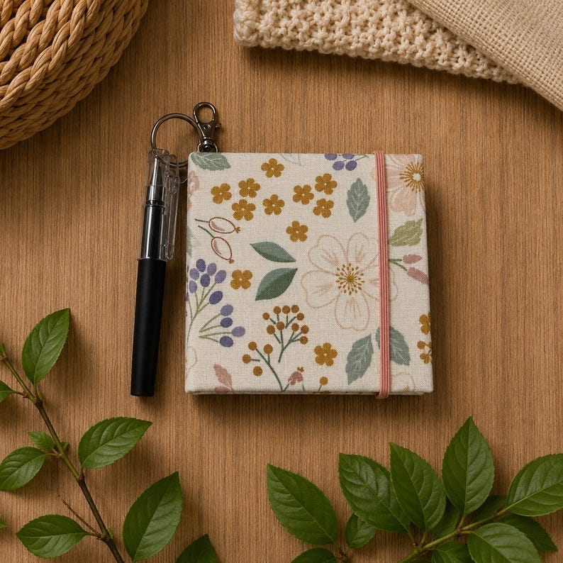 Bloc-notes porte-clés fait main 3,5 pouces avec fleurs sauvages et baies, stylo inclus, clip floral